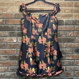 Lulus Mini Cocktail Dress Size L NWT Off The Shoulder Navy Blue Floral Jacquard